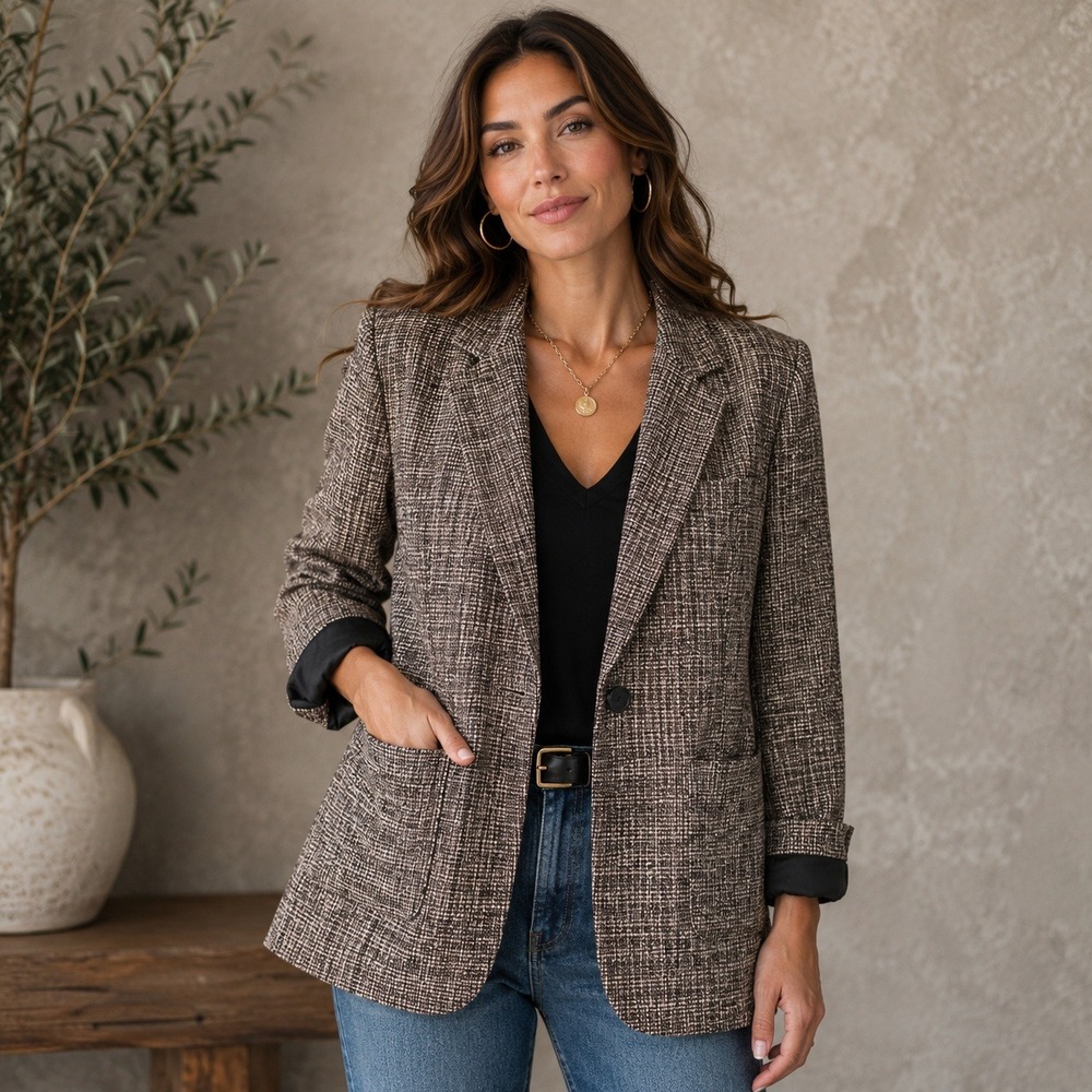Valerie Stevens Petites 100% Pure Silk Tweed Blazer Brown Black Size 14P Vintage